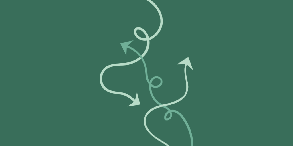 Grafisk illustration med krøllede pile i forskellige retninger – symbol på følelsesmæssigt kaos og desorganiseret tilknytning